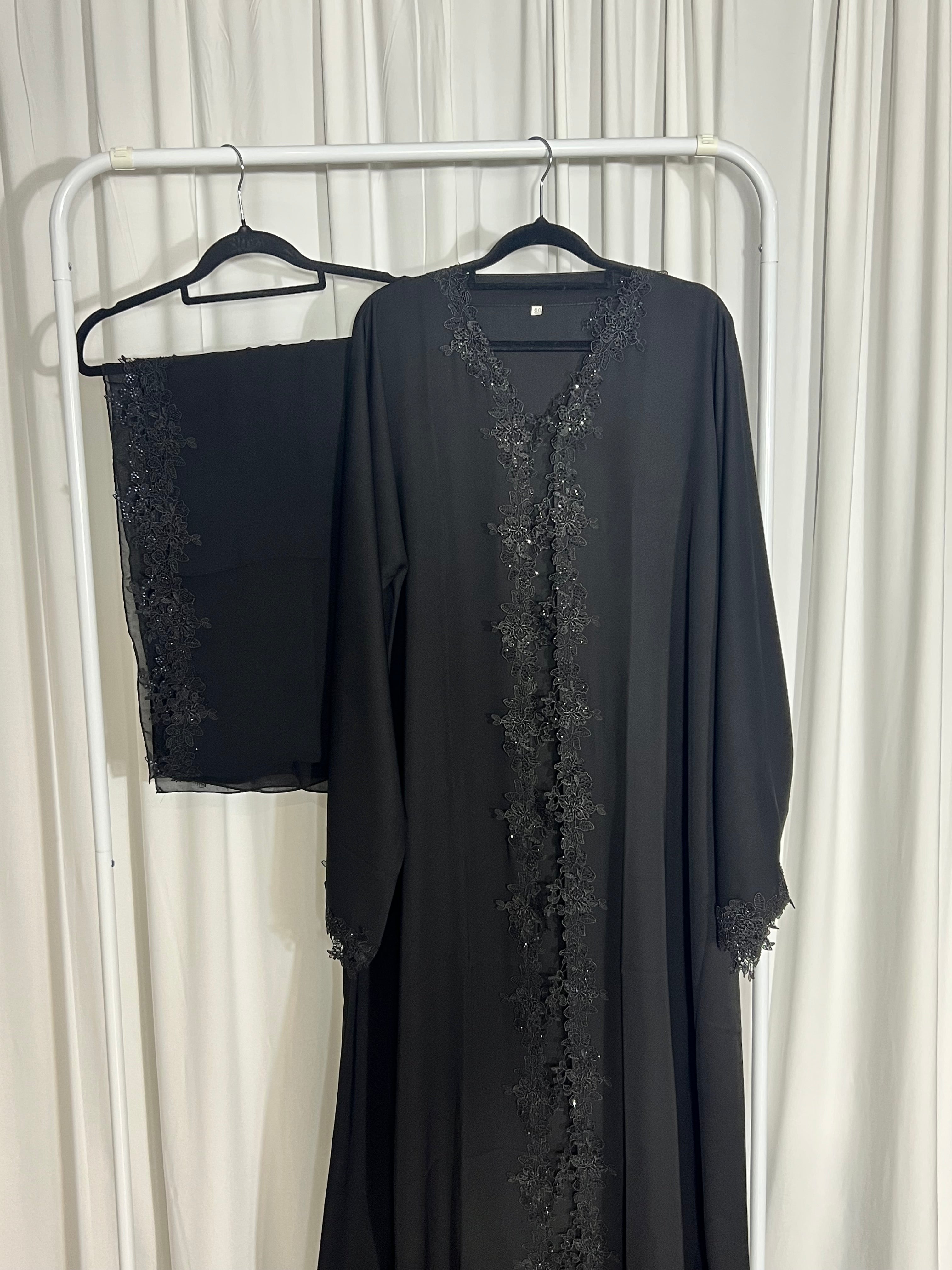Black flower lace abaya with matching hijab