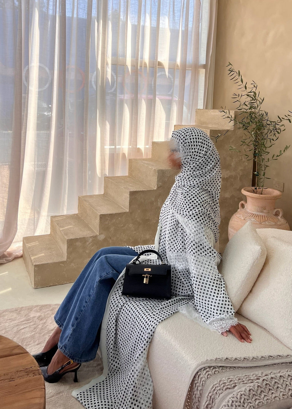 White Polka Dot Double Chiffon Abaya + Matching Hijab