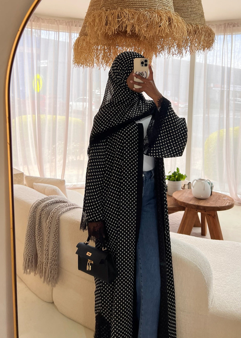 Black Polka Dot Double Chiffon Abaya + Matching Hijab