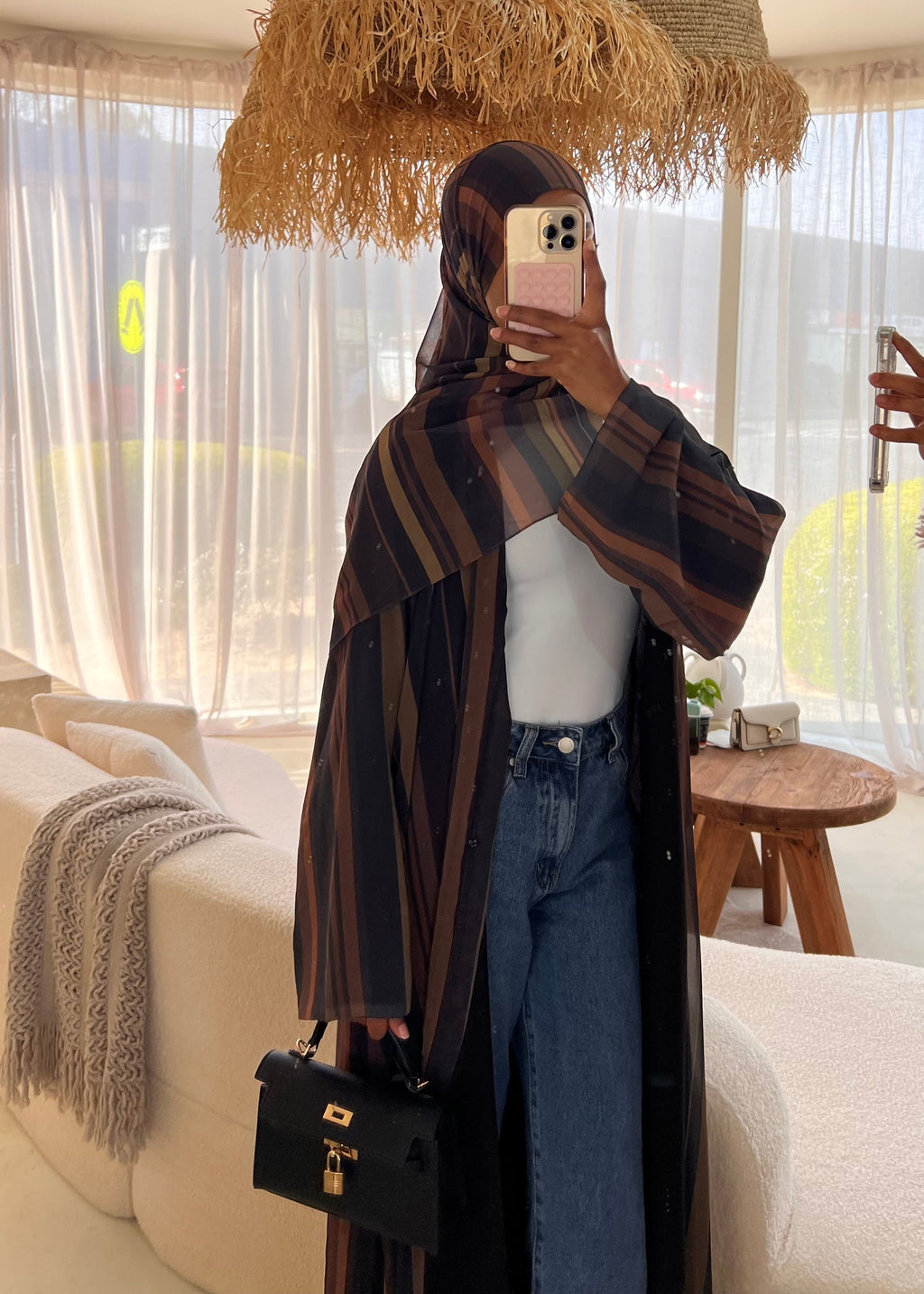 Mocha Striped Double Chiffon Abaya + Matching Hijab