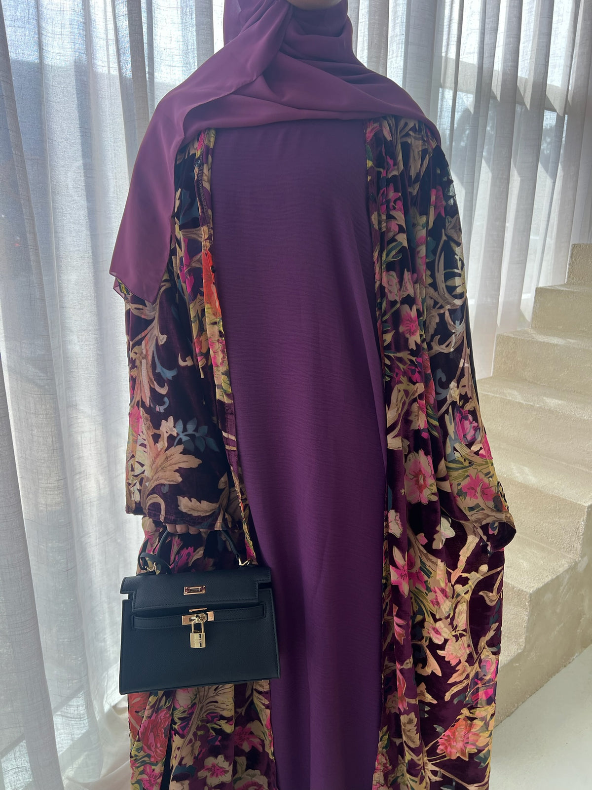 Velvet Bloom 3-Piece Velvet Abaya Set + Matching Hijab
