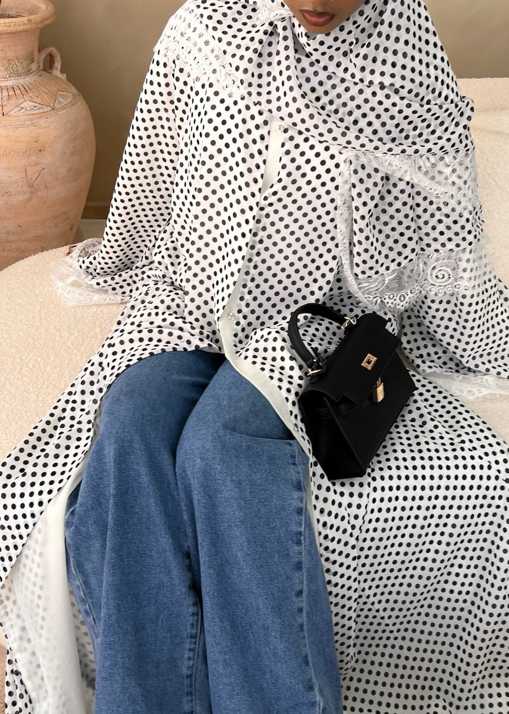 White Polka Dot Double Chiffon Abaya + Matching Hijab
