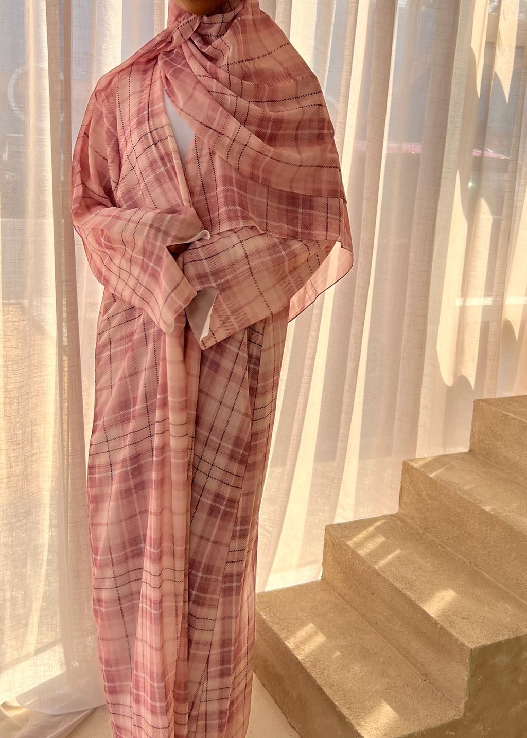 Blush Checkered Double Chiffon Abaya + Matching Hijab