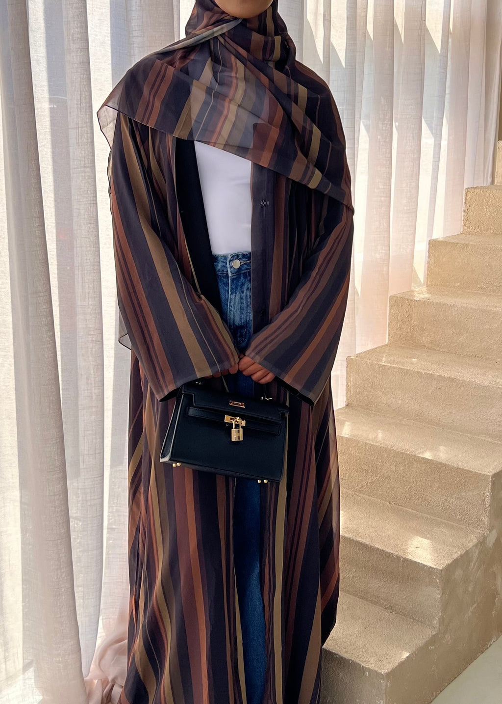 Mocha Striped Double Chiffon Abaya + Matching Hijab