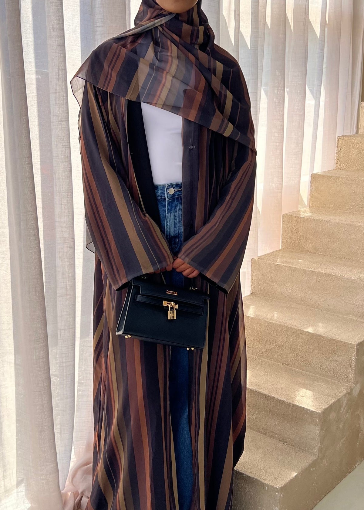 Mocha Striped Double Chiffon Abaya + Matching Hijab