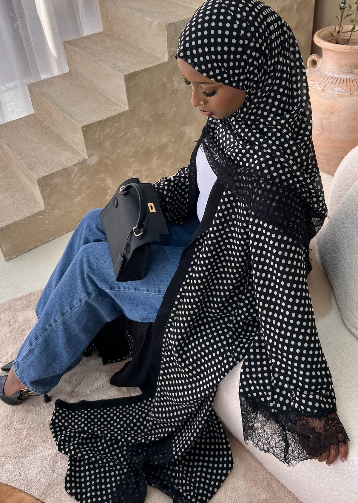 Black Polka Dot Double Chiffon Abaya + Matching Hijab