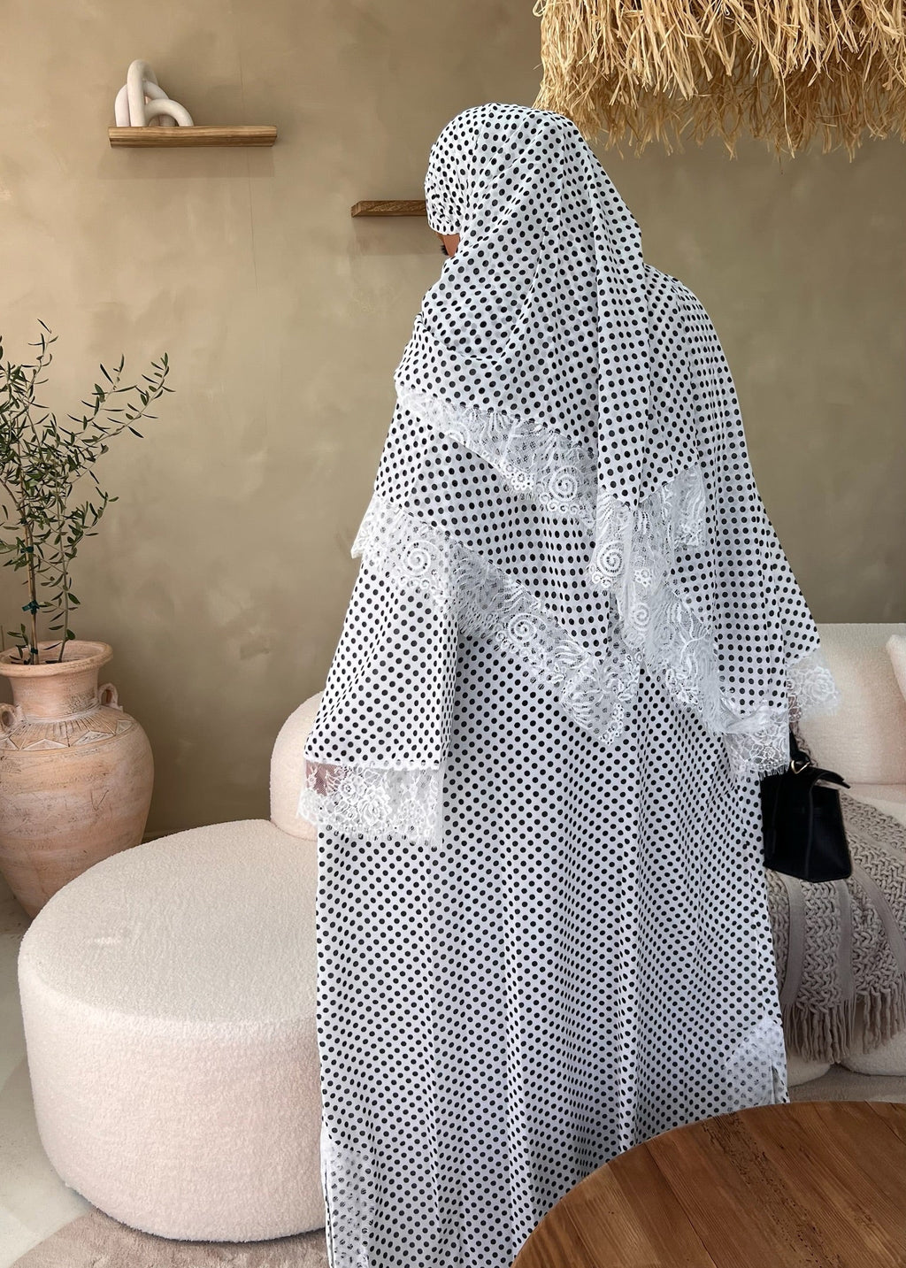 White Polka Dot Double Chiffon Abaya + Matching Hijab