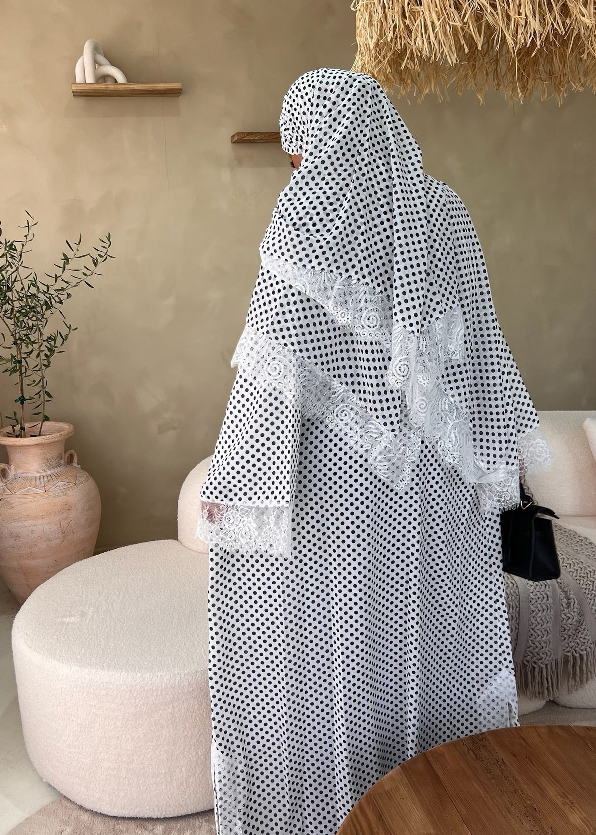 White Polka Dot Double Chiffon Abaya + Matching Hijab