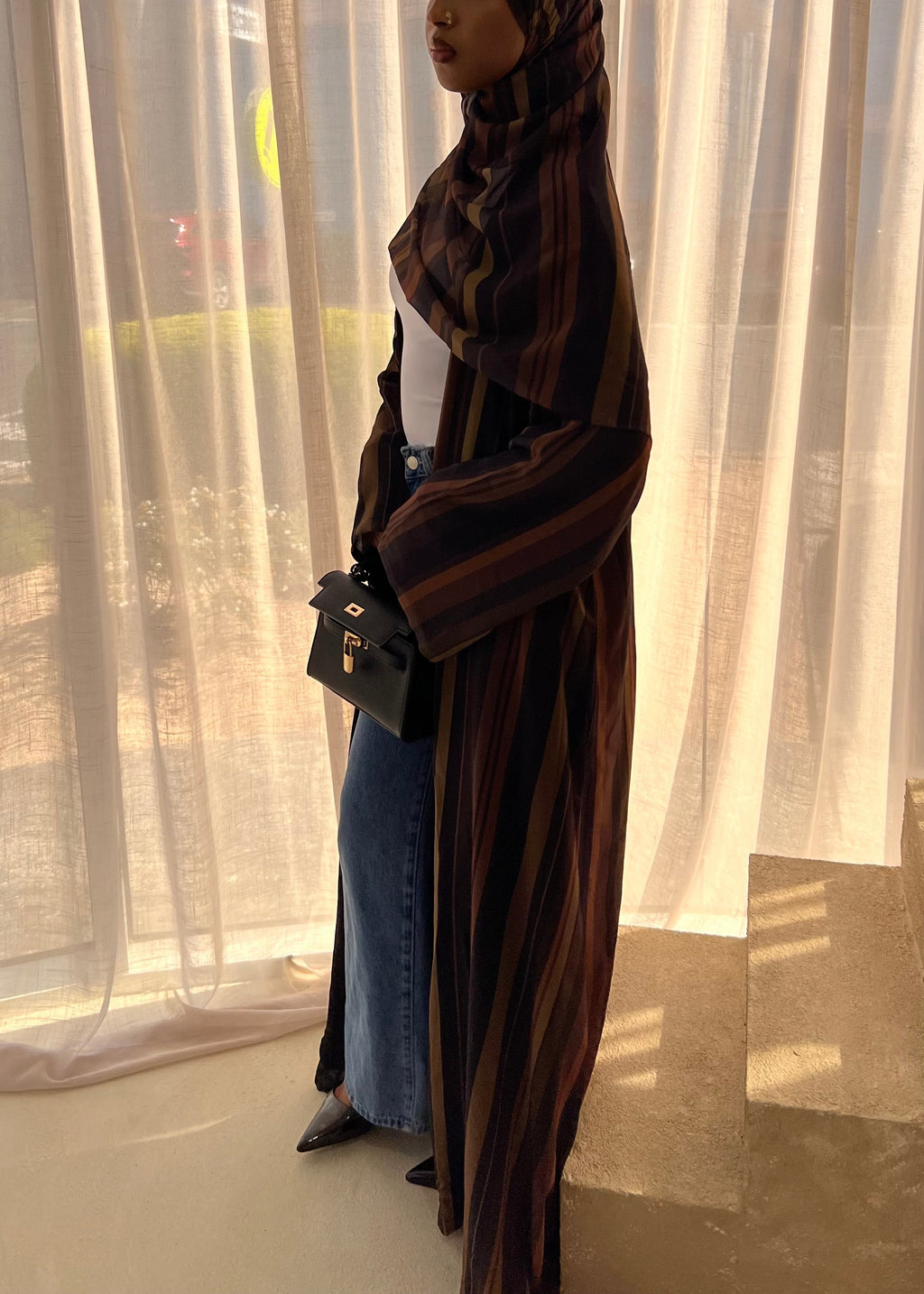 Mocha Striped Double Chiffon Abaya + Matching Hijab