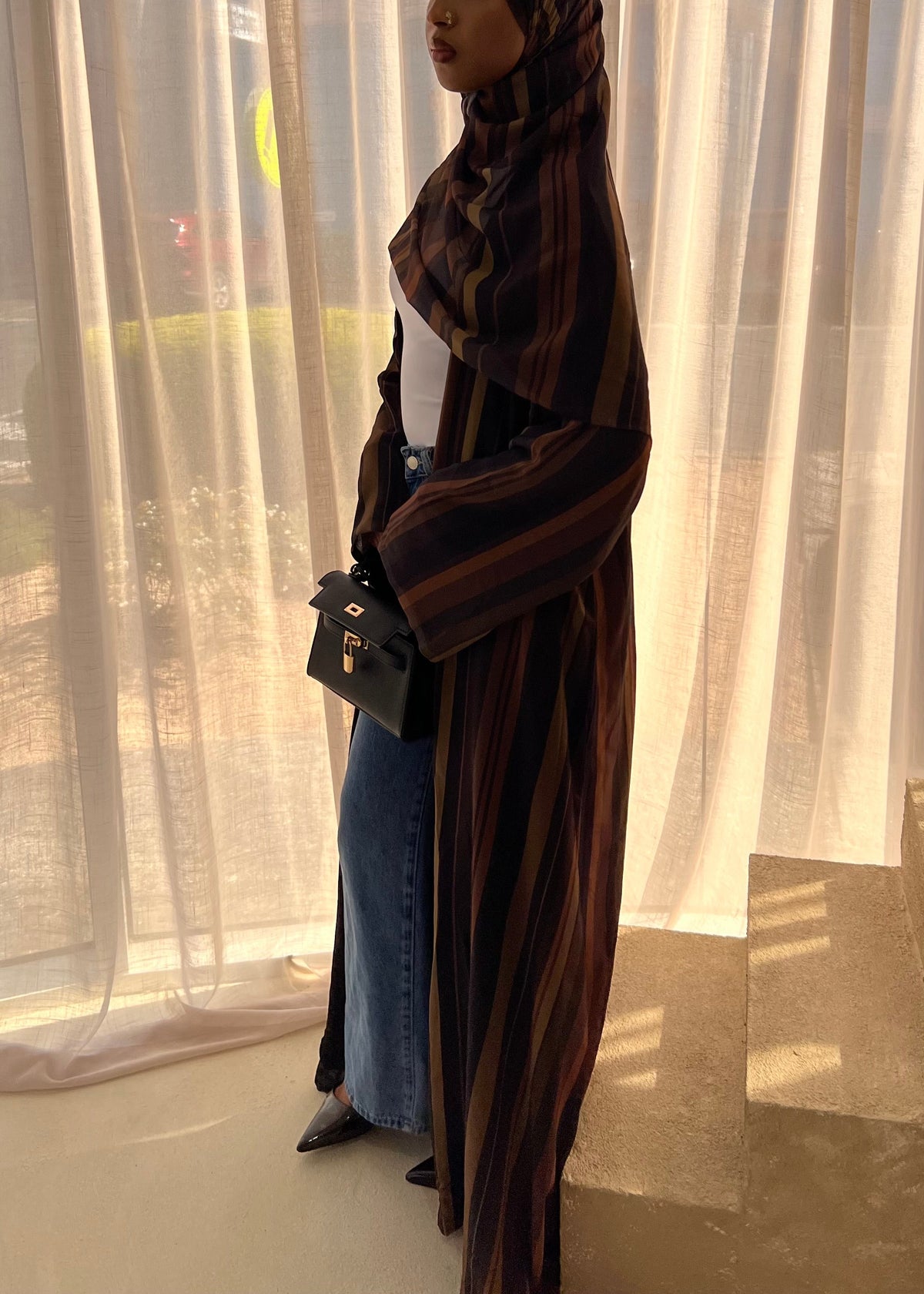 Mocha Striped Double Chiffon Abaya + Matching Hijab