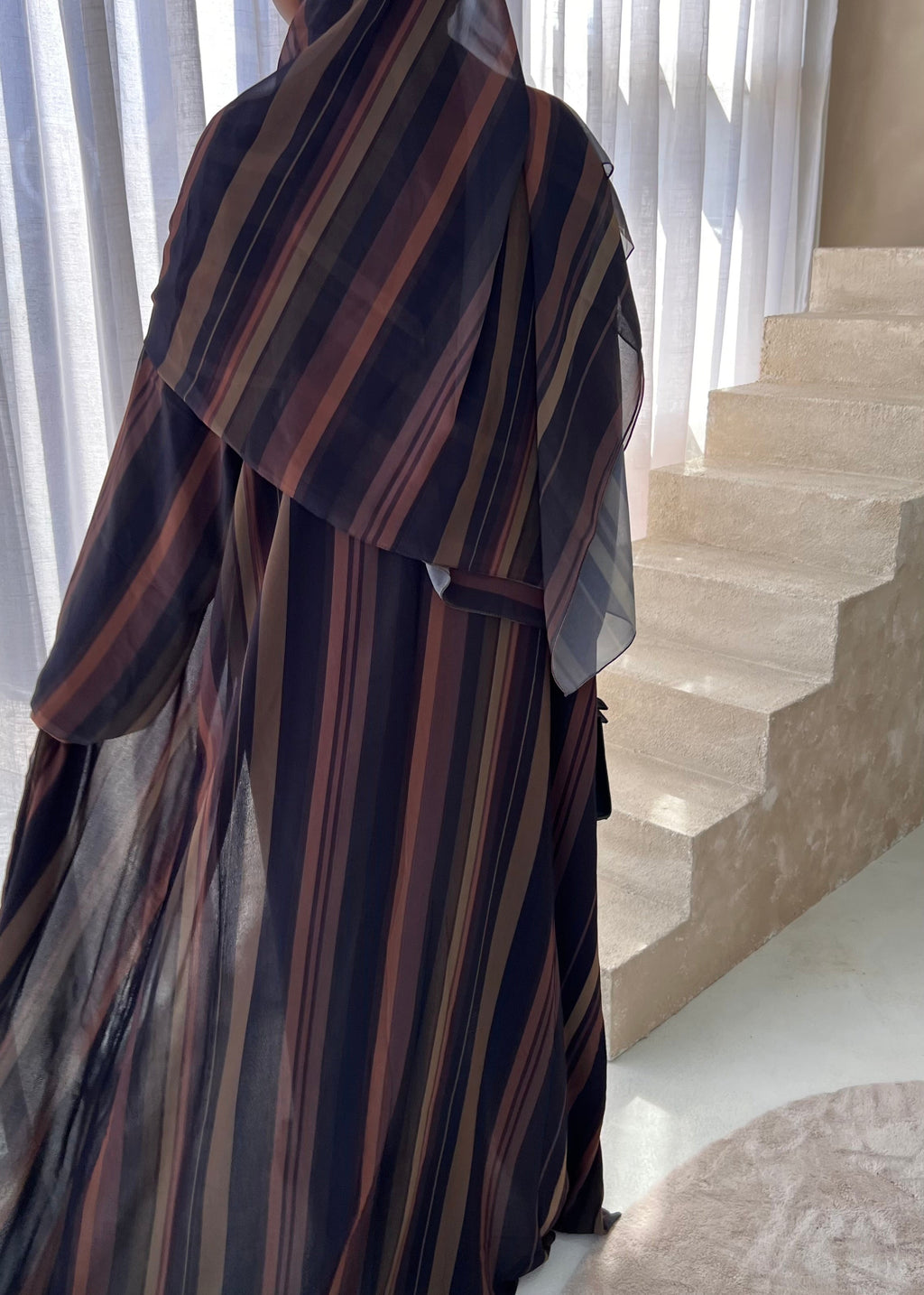 Mocha Striped Double Chiffon Abaya + Matching Hijab