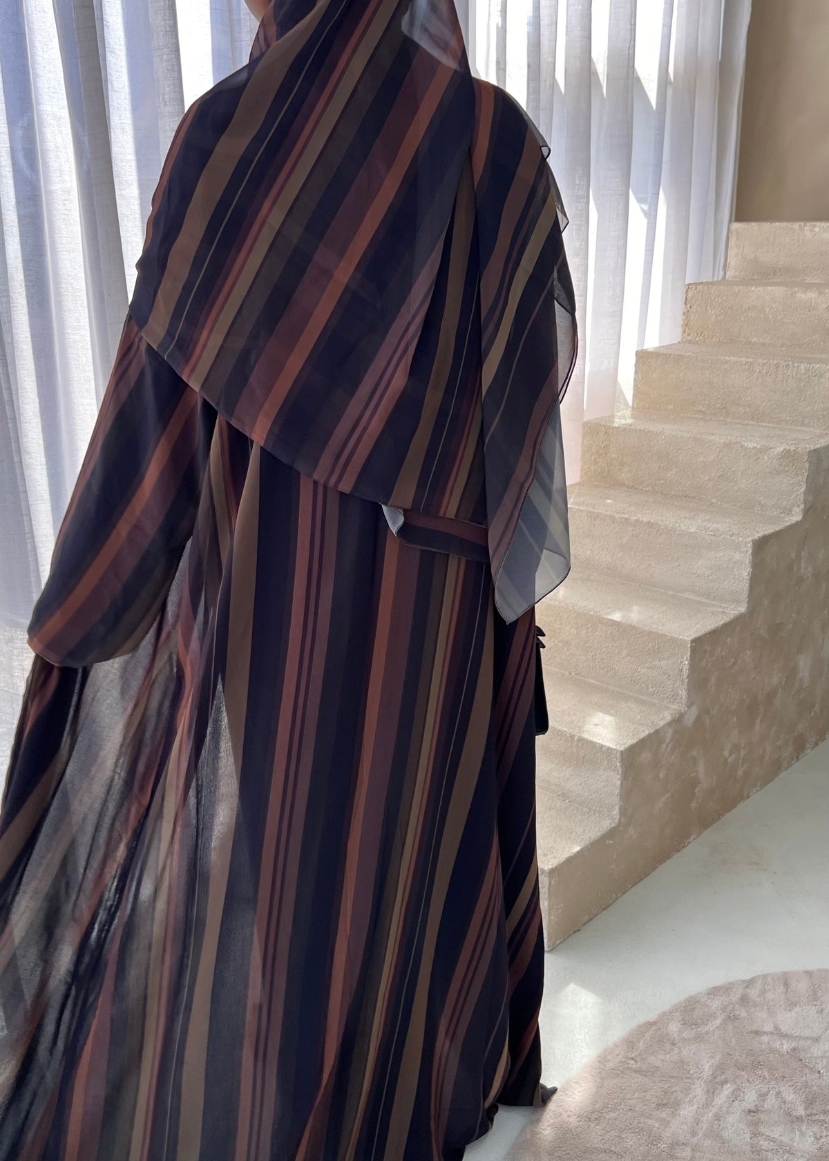 Mocha Striped Double Chiffon Abaya + Matching Hijab