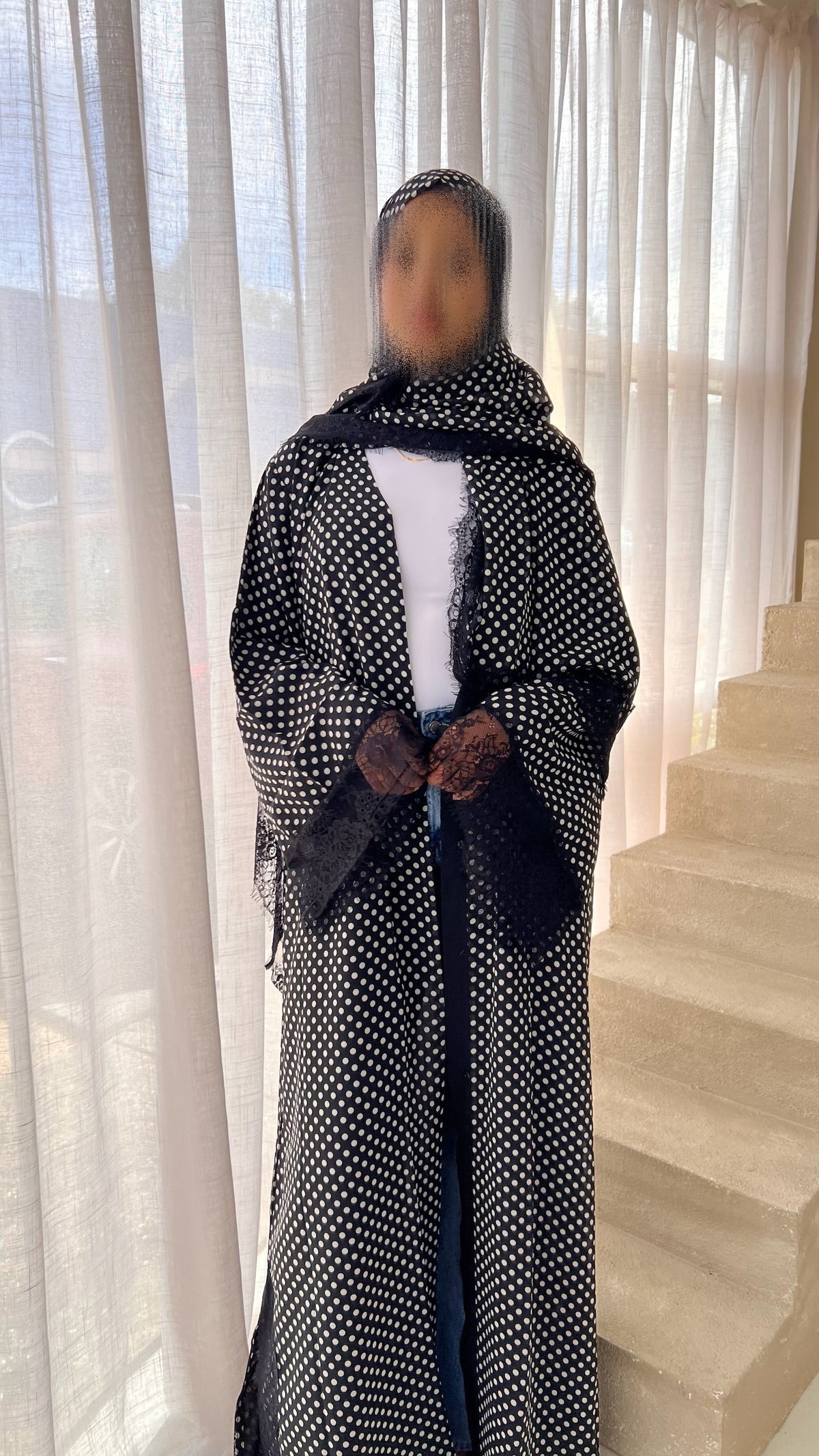 Black Polka Dot Double Chiffon Abaya + Matching Hijab