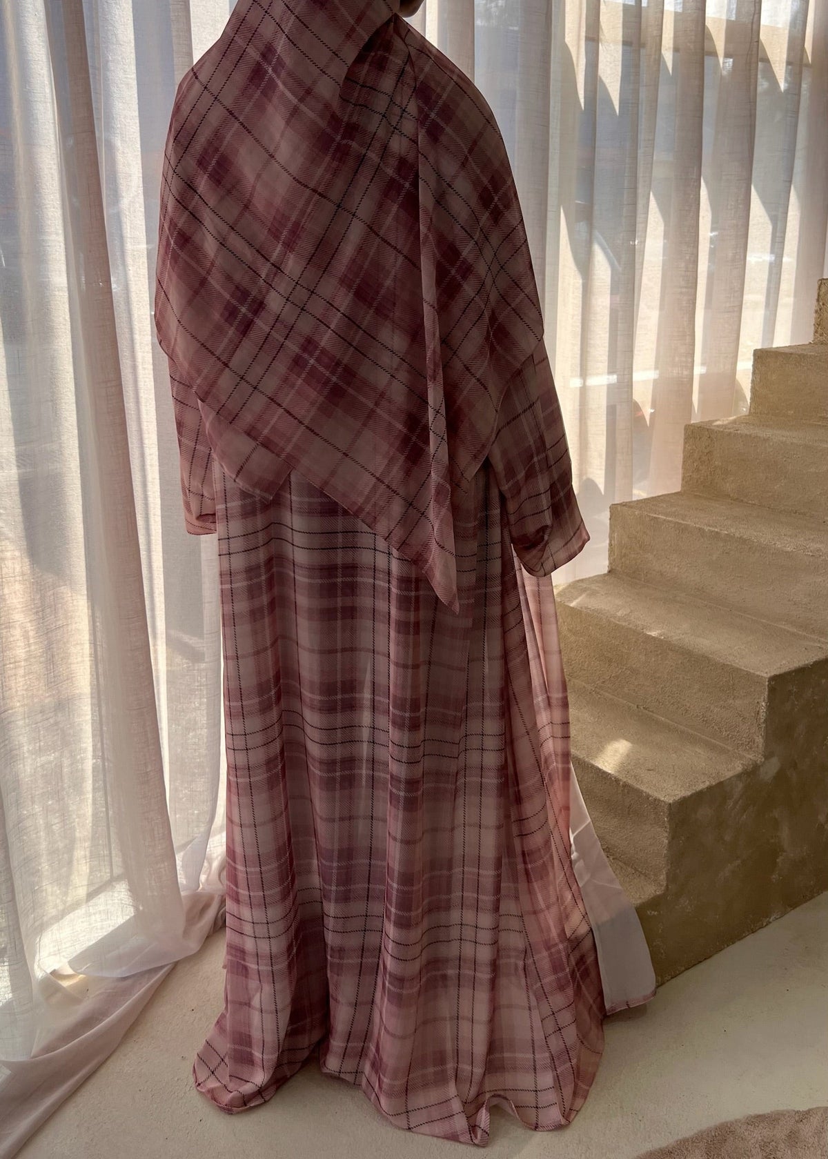 Blush Checkered Double Chiffon Abaya + Matching Hijab